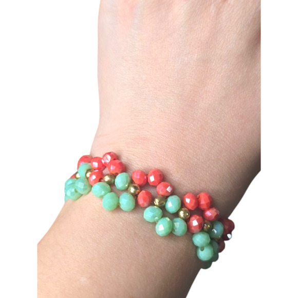 Rubylishious 
Handmade pastel green and red with gold charms glass bracelet 
Sma - Picture 2 of 2